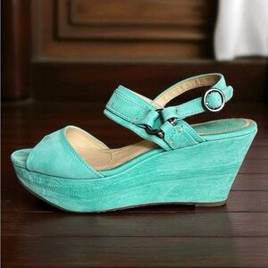 Frye Carlie Sling Platform Wedge Sandals Sz 9.5M Teal Mint Green Chic Prep EUC